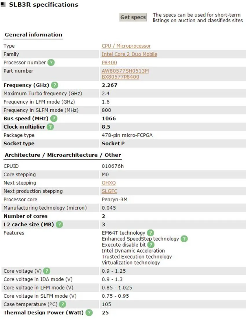 Для Intel Core 2 Duo P8400 Процессор 2,26 г 3 м Процессор 1066 МГц 25 Вт PGA ноутбук процессор совместим PM45 GM45 чипсет