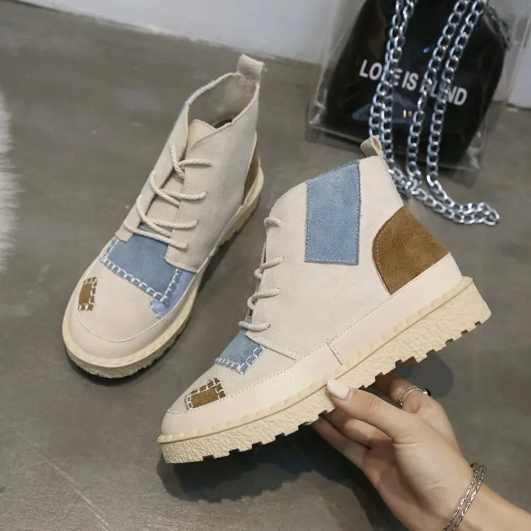 

Womens Handmade Chic Retro Mixed Colors Round Toe Ankle Boots Lace Up Shoes C81