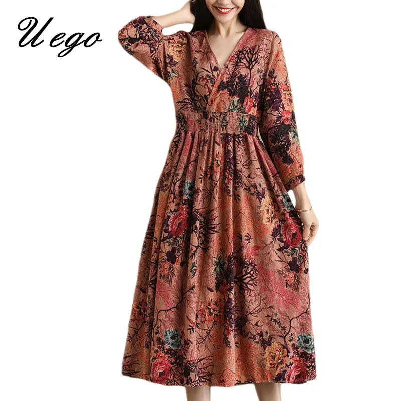 

Uego 2019 New Arrival Cotton Linen Spring Dress V-neck Slim Waist Fashion Printing Floral Vintage Long Dress Women Casual Dress