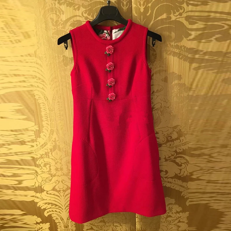 Роскошное дизайнерское Брендовое платье для женщин, без рукавов, с розами, на пуговицах, ТРАПЕЦИЕВИДНОЕ ПЛАТЬЕ красного цвета