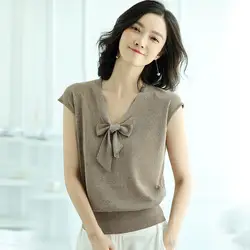 Вязанная летняя футболка с v-образным вырезом, Женская Повседневная футболка с короткими рукавами, элегантная одежда, топ, Корейская