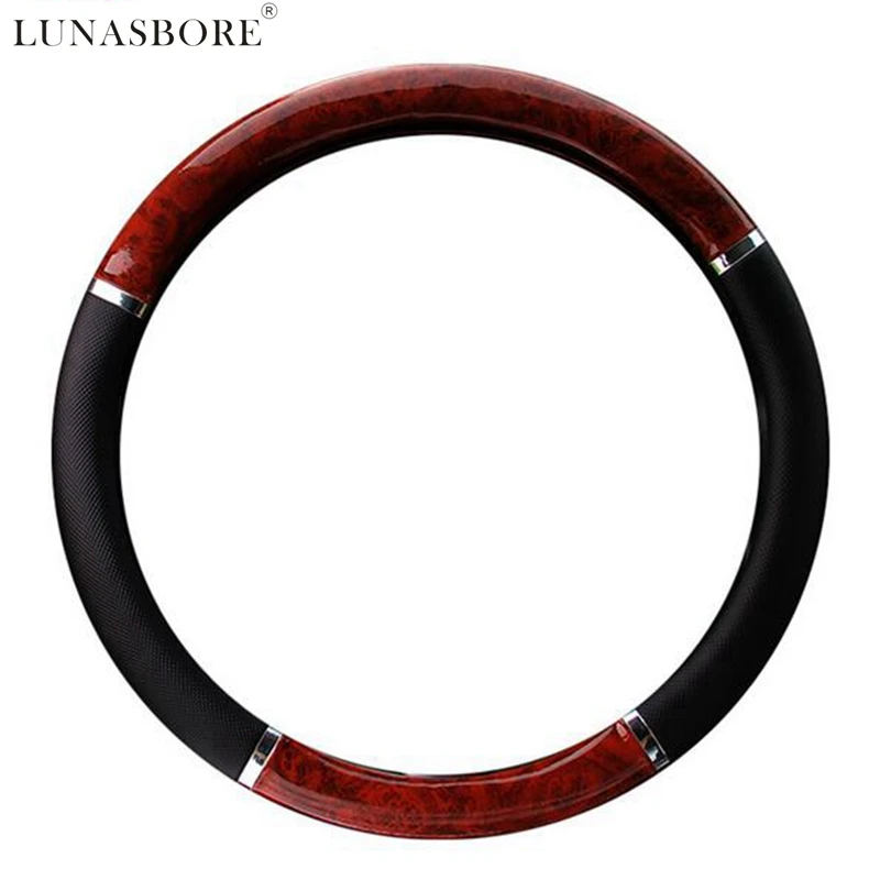 LUNASBORE Car Steering Wheel Cover Wooden styling Wood Leather For BMW Toyota VW Golf Polo Hyundai