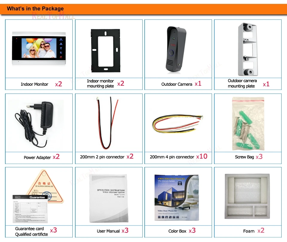 package of 10 Inch Video Door Phone Recording HD 1200TVL Doorbell Camera and HandsFree Monitor Intercom Door bell 1 camera 2 Monitors