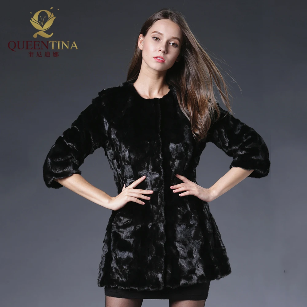 

Genuine Winter Warm Mink Fur Coat Fahion Black Women Fur Long Jacket Coats Three Quarter Sleeve Brand Luxury Real Mink Fur Coat