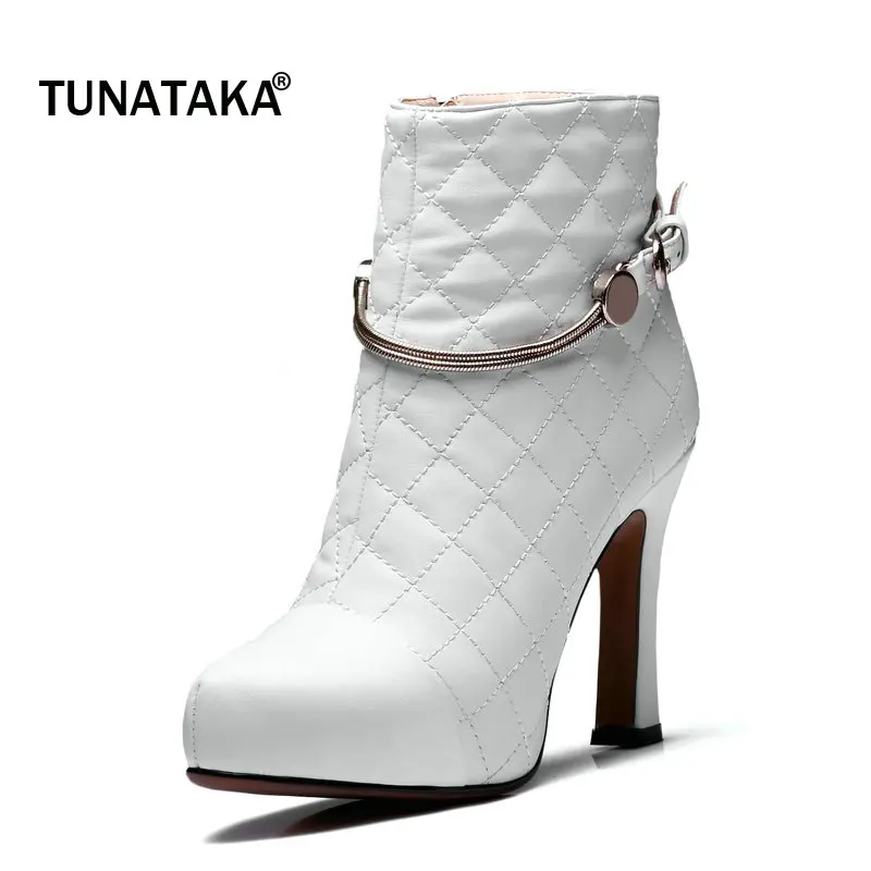 

Woman Genuine Leather Platform Thin High Side Zipper Heel Ankle Boots Fashion Round Toe Buckle Dress Woman Boots Black White