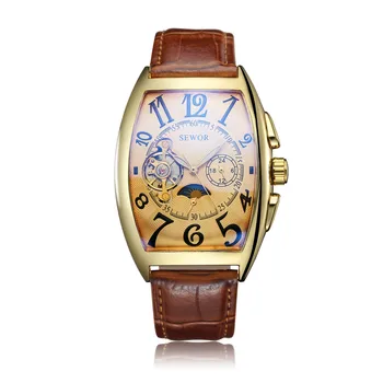 

2017 SEWOR Mechanical Automatic Men Watches Gold Case Tonneau Moon Phase Dial Real Leather Strap Male Dress Wristwatches Gift