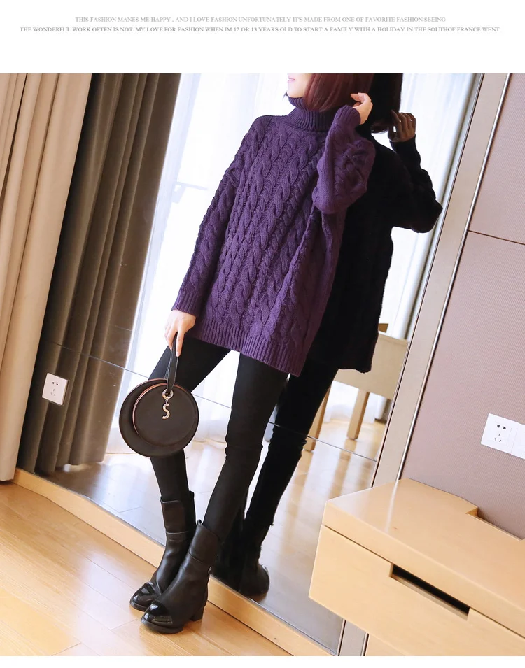 Зимний толстый теплый женский хлопковый свитер Топы вязаный пуловер фиолетовый джемпер Топы водолазка Повседневный трикотажный свитер