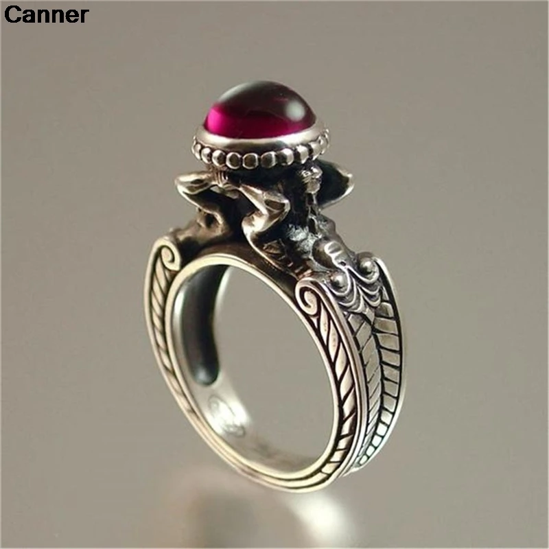 

Canner Retro Crystal Rings Women Dragon Design Red Stone Finger Ring Birthday Valentine Party Jewelry Size 6 7 8 9 10 C3