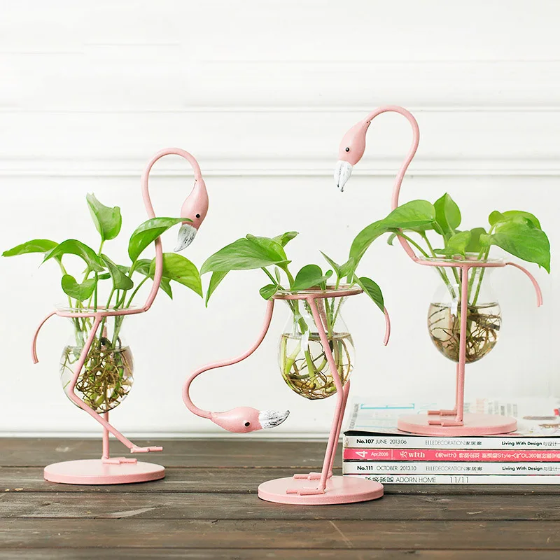 3-Types-Pink-Flamingo-Shape-Glass-Tabletop-Plant-Bonsai-Flower-Wedding-Christmas-Decorative-Metal-Vase-Home