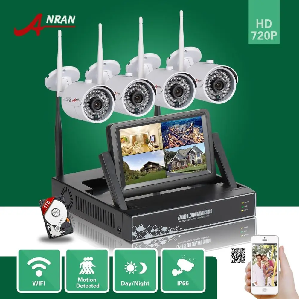 Anran 7 &quotЖК дисплей Мониторы HD 4ch Беспроводной NVR 720 P Открытый IP66 инфракрасный 36ir