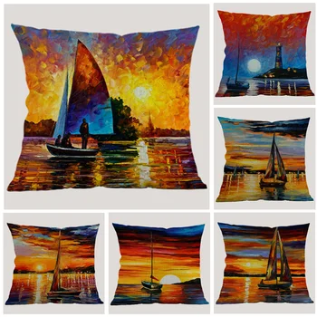 

Oil Painting Style Sunset Landscape Cushion Cover Colorful Sailing Lighthouse Throw Pillow Cover Rural Decorative Pillow Case