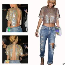 Новая Европейская и американская женская одежда Топ с блестками Сексуальная футболка с коротким рукавом для ночного клуба