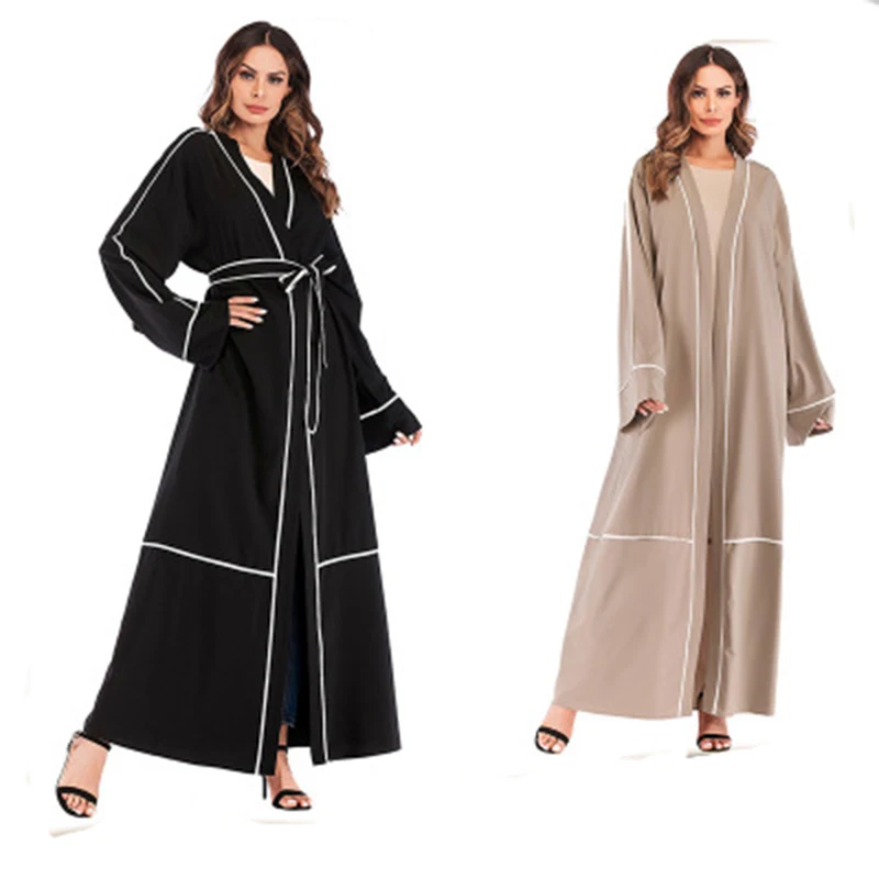 

Different Striped Cardigan Abayas for Women Morocco khaftan With Belt Black Robe arabic Kimono Khaki Long Sleeve Arab Dress