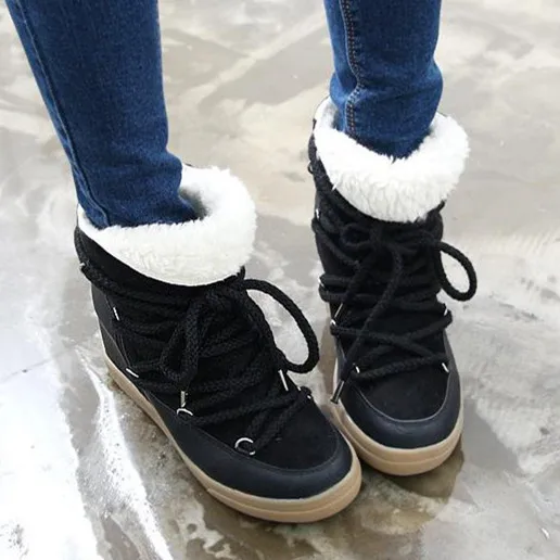 Г. Зимняя женская обувь со смайликом, ботинки на танкетке со шнуровкой Женская обувь на высоком каблуке, увеличивающая рост ботильоны теплые плюшевые зимние ботинки