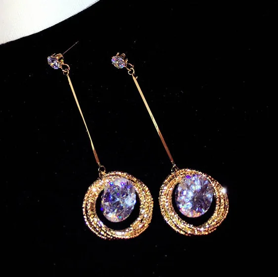 

female New fashion Korean earrings long style round-shaped zircon earrings
