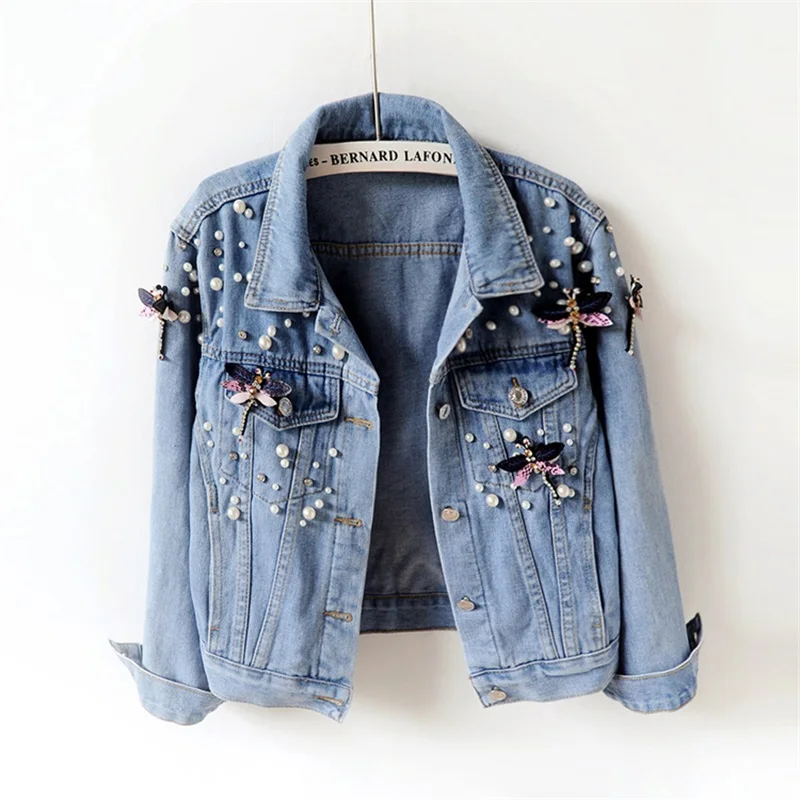 Decal De Denim Vintage Ciel Courts Femmes Manteaux Coupés Printemps Taille La Sauvage Veste Base Pu Perles Manteau Jeans Cardigan Plus dXvq6