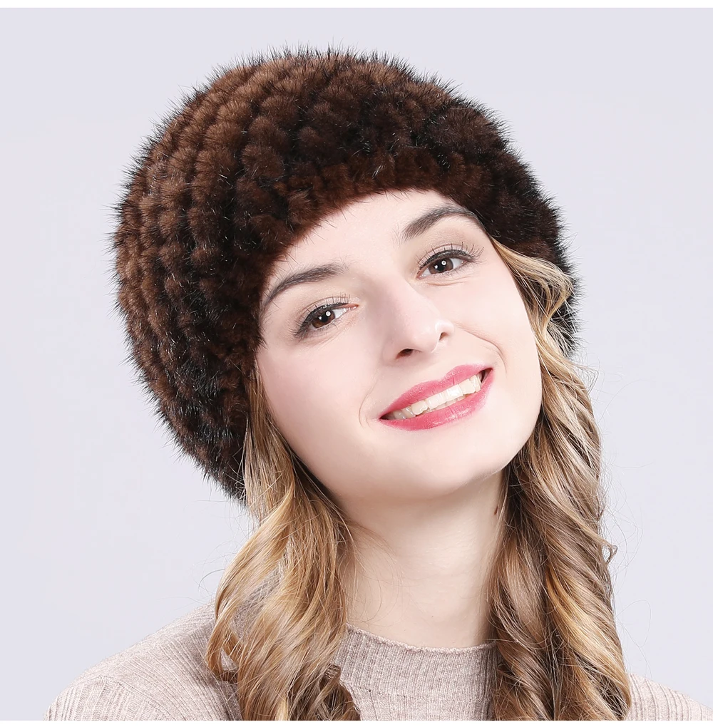 Hot Sale Winter Real Mink Fur Hat Women Good Elastic Knit Real Natural Mink Fur Beanies Hats Lady Real Mink Fur Thick Warm Cap