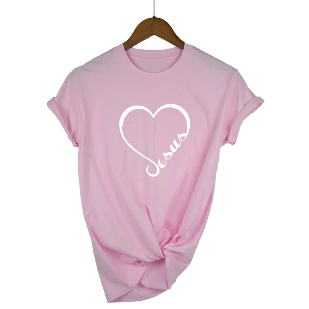 

Jesus Print Heart-shaped T-shirt Women Short Sleeves Funny Faith Clothes Streetwear Casual Women Christian T Shirt Plus Size