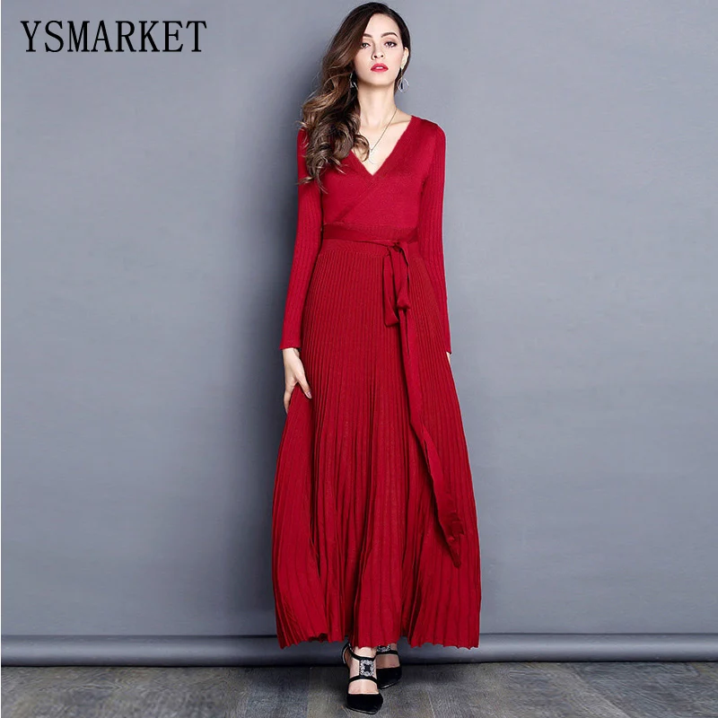 

YSMARKET 2018 black / burgundy / purple women knitted dress sexy deep v neck tie belt long sleeve pleated maxi dress E88-4