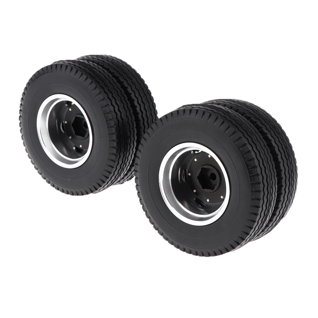 6PCS Machined Alloy Rear Front Hub Wheel Rim Type & Rubber Tire for 1/14 Scale Tractor Trucks RC Vehcile Vehicles Toy Parts