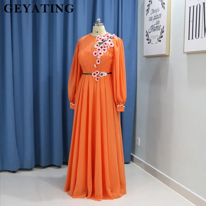 Элегантное оранжевое платье 3D цветы длинный рукав вечернее платье для мусульманских женщин Vestido ano novo длинное арабское Формальное вечернее женское платье Дубай платье для выпускного вечера