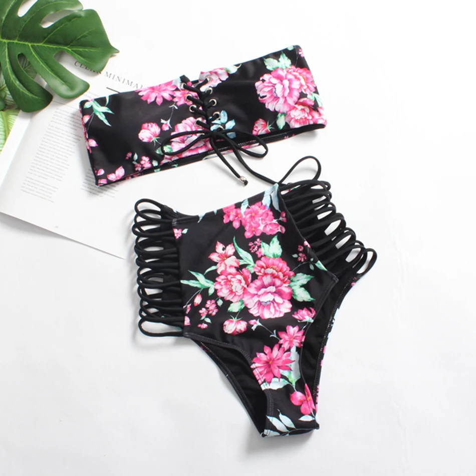 OM Bikini Set 2018 Swimwear Biquini Off Shoulder Sexy Swimsuit Women Vintage Bathing Suit Push up Brazilian Maillot De Bain black