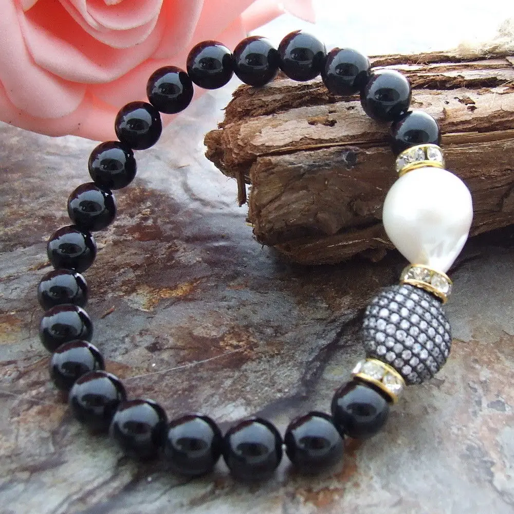 

AB121212 8'' Round Onyx White Keshi Pearl Bracelet