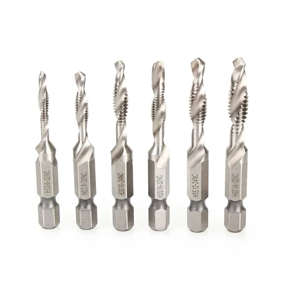 6pcs/set SAE Drill Tap Combination Bit Set Deburr Countersink Hex Bit