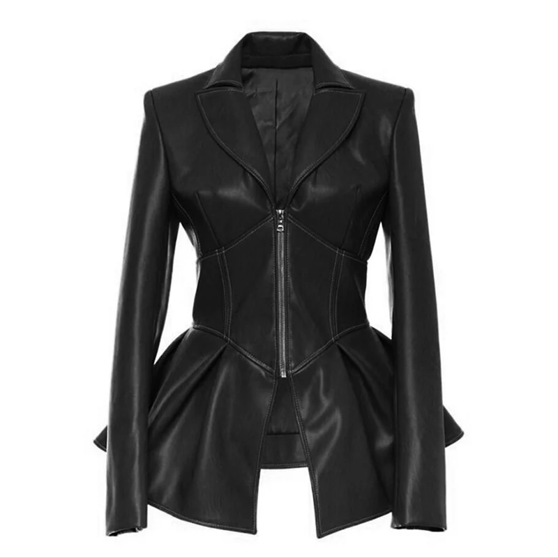 

Hot Jackets For Women Spring 2019 Brand PU Leather Jacket Gothic Large Turn-Down Collar Sashes Big pendulum ladies leather Coat