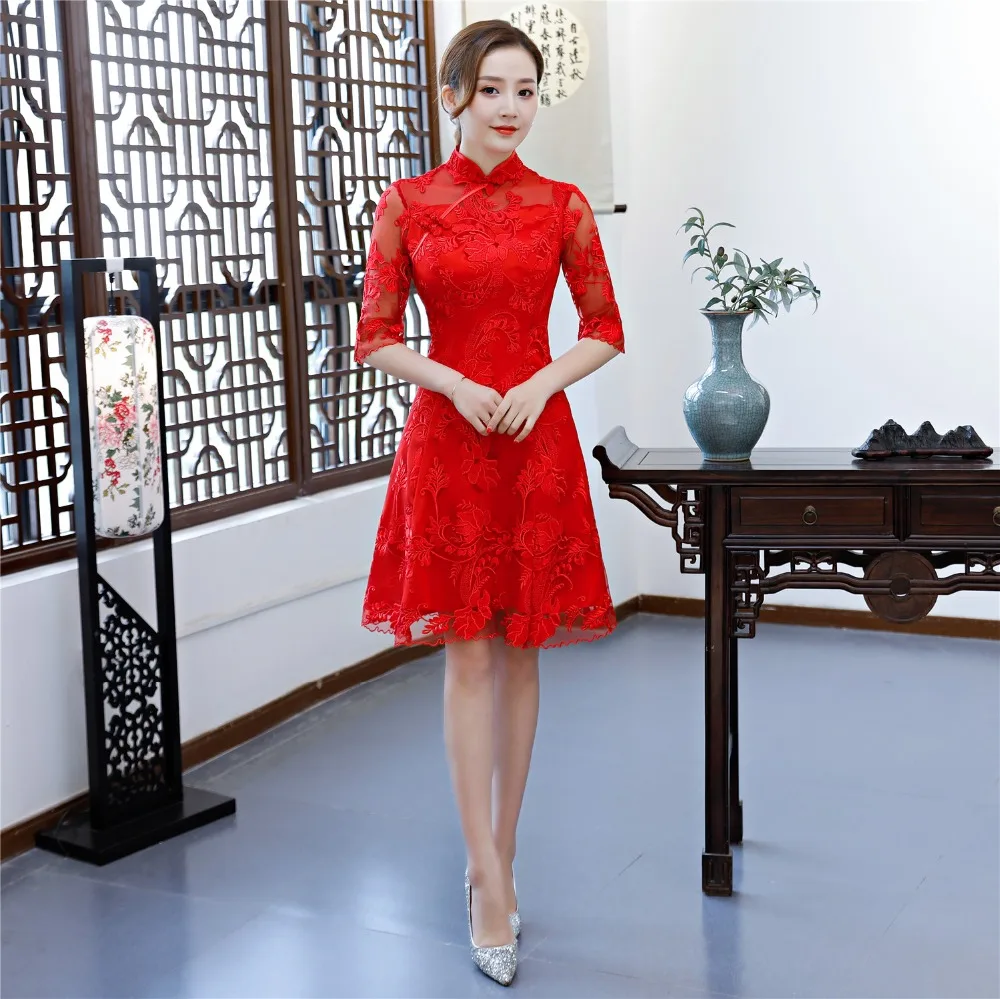 Шанхай история цветок вышивка Cheongsam платья Красные кружевные Qipao для Для женщин традиционное китайское платье свадебное платье