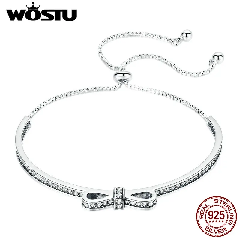 Skup WOSTU New Arrival 925 Sterling srebrna iskrząca Bowknot łańcuch regulowana bransoletka typu bangle dla kobiet S925 biżuteria prezent CQB108