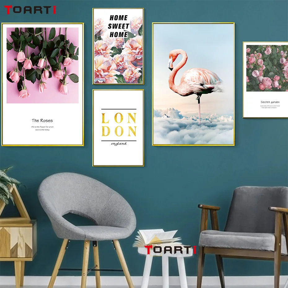 

Pink Flamingo Flowers Posters Prints Flowers Quote Canvas Painting On The Wall For Living Room Home Decora Beautiful Colored Art
