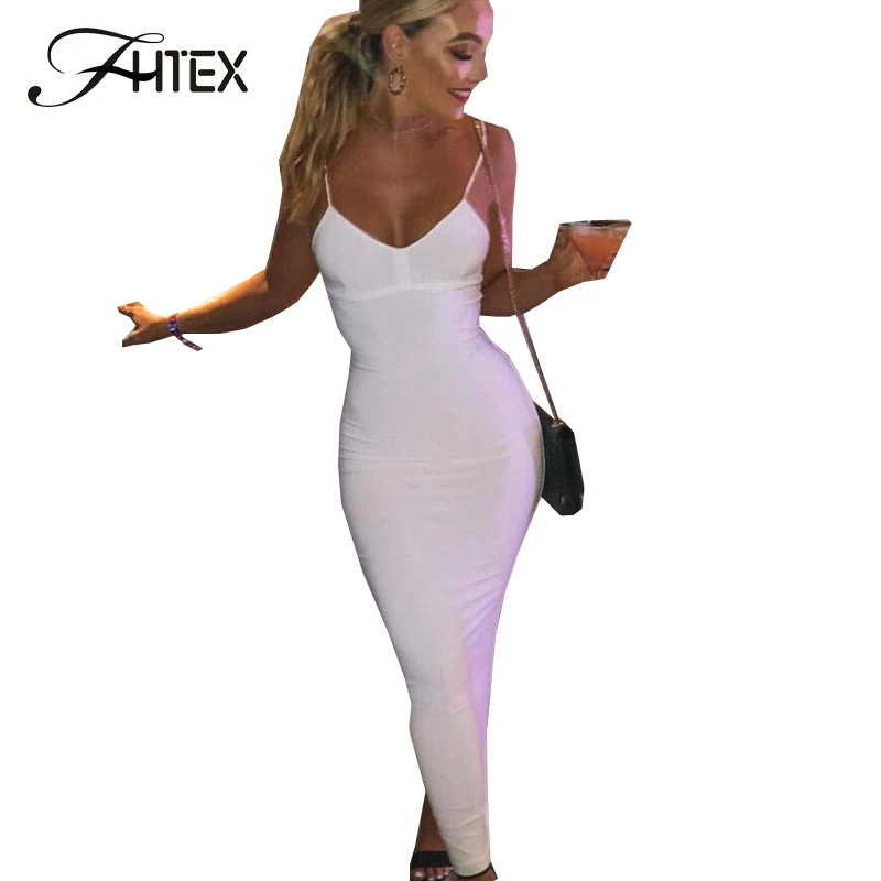 

FHTEX Elegant V Neck Summer Cami Dress Sexy Tight Slim Fit Plain Bodycon Dress Women 2019 Summer Long Dress vestidos