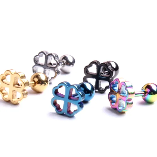 Plug Tunnel Jewelry 7mm Stainless Steel Stud Earrings Four Leaf Clover