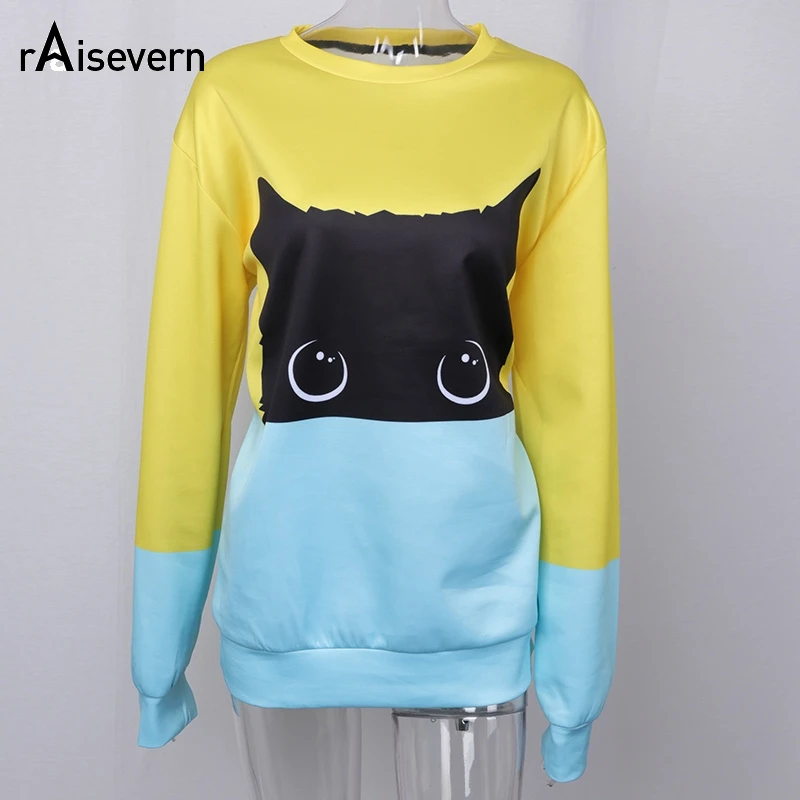  Raisevern Cute Black Cat Sweatshirt Contrasting 3D Sweatshirts Full Sleeve Cat Hoodies Girl Sweatsh