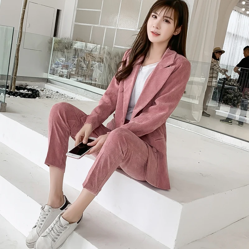 Women's Notched Collar Corduroy Blazer 2 Piece Set Model 1