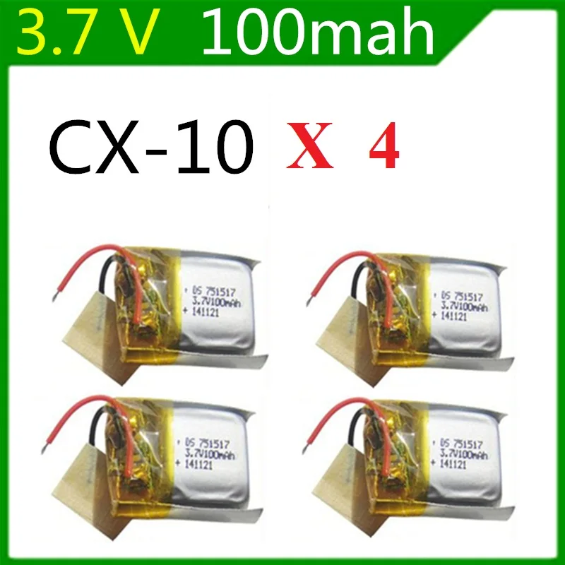 

Free shipping 4 pcs/lot 3.7V 100mah cheerson CX-10 cx10 2.4G RC Helicopter /RC quadcopter 3.7V 100mah Li-po battery 751517
