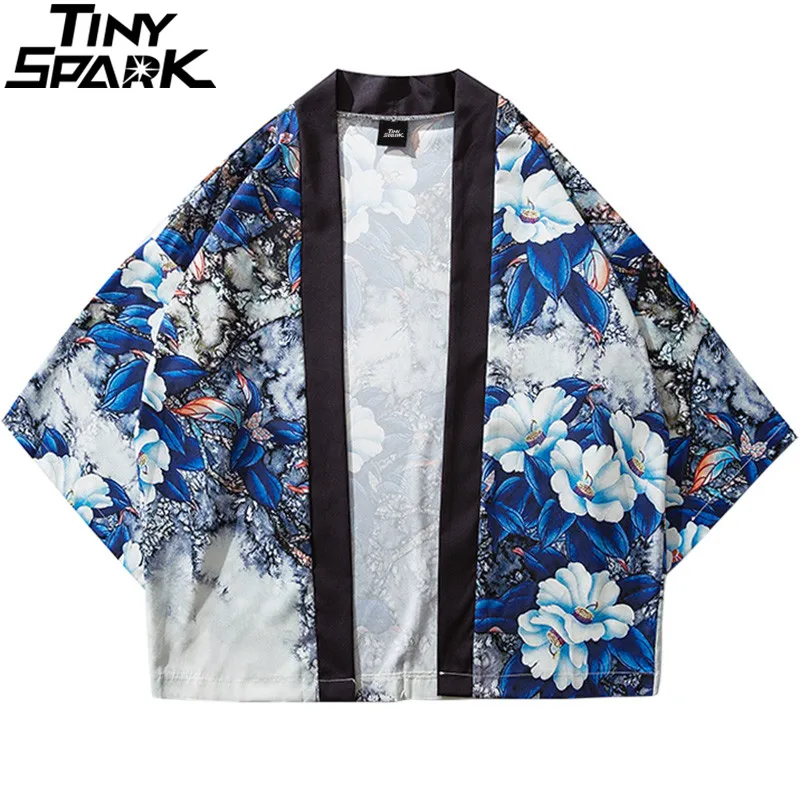 Harajuku Floral Kimono Jacket Japanese Hip Hop Men Streetwear Jacket Blue Leaves Flower Print 2019 Summer Thin Gown Japan Style