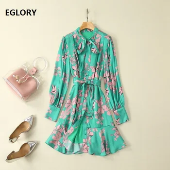 

New Korean Fashion Style Dress 2019 Summer Ladies Bow Collar Floral Print Full Sleeve Casual Long Shirt Dress Green Vestidos