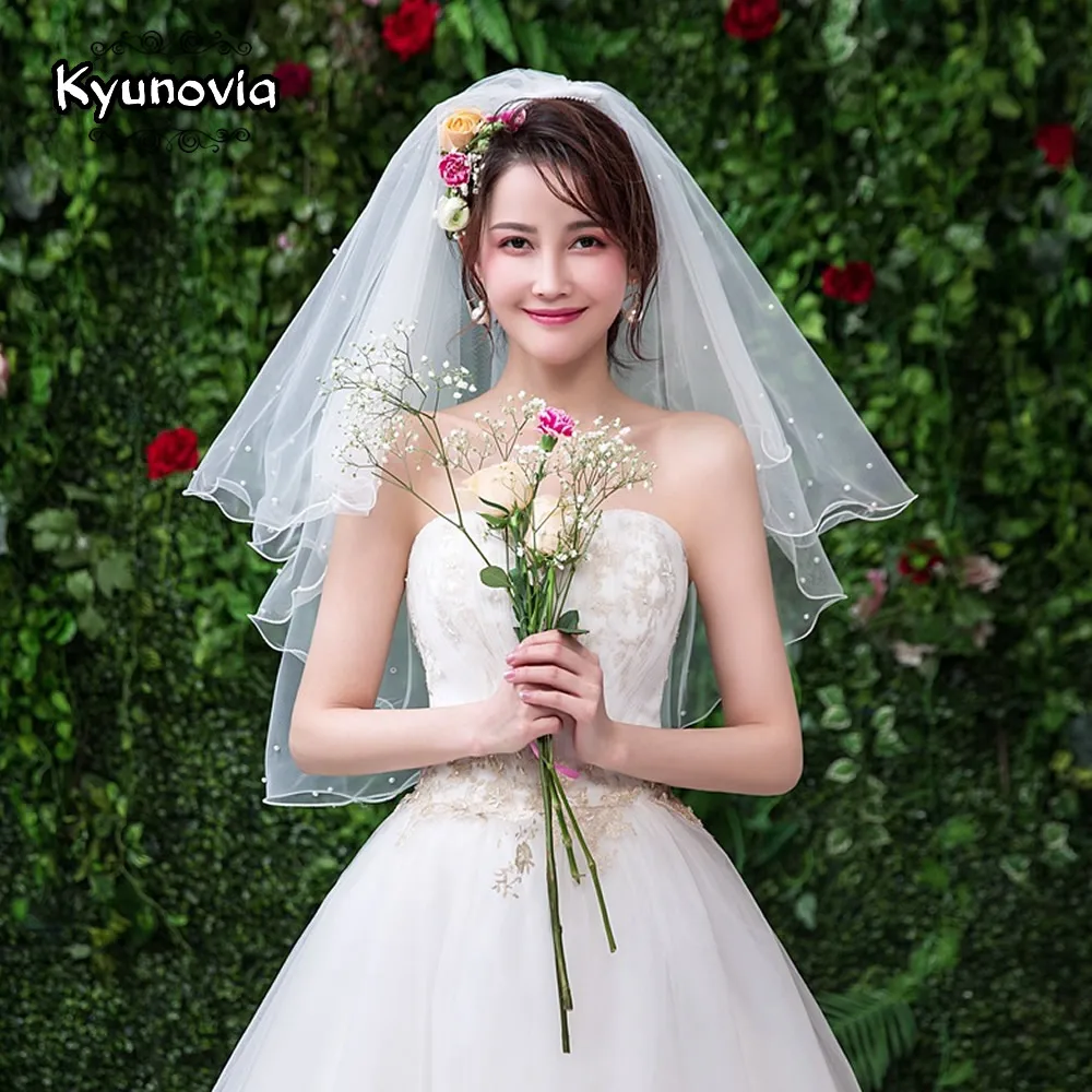 

Kyunovia Mariage Wedding Accessories Pearl Wedding Veil Veu de Noi Elegent Bridal Veil With Comb Short Tulle Wedding Veils D123