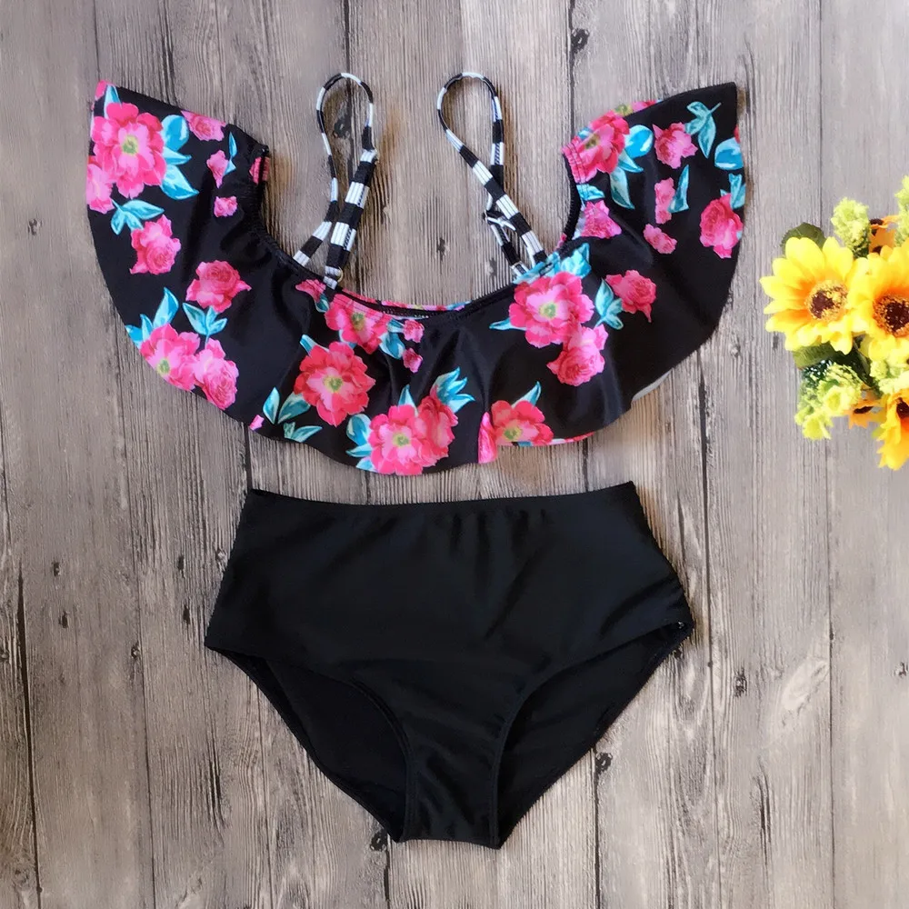 

S-XXL Women Bikini Set Push Up Pad Plus Size Off Shoulder Swimsuit Swimwear High Waist Floral Bath Suit Plavky Biquini Tankini