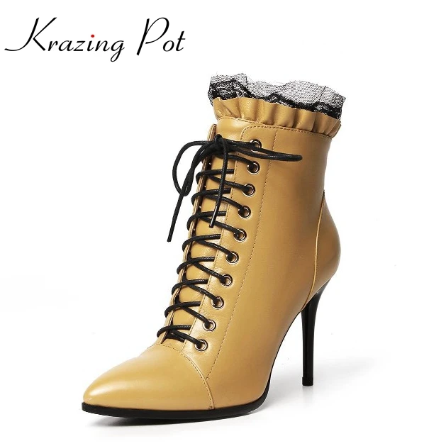 

2018 New fashion winter genuine leather pointed toe thin high heel lace solid women ankle boots shoes simple style pluse size L
