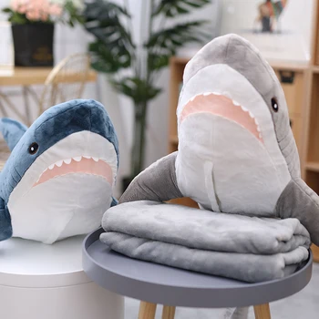 

Shark Pillow Quilt Dual Use Coral Fleece Shark Doll Car Pillow Blanket