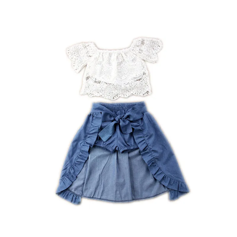 

3PCS Baby Girl Clothes Sets Lace Off-Shoulder T-shirt Tops Skirts Shorts Bowknot Denim Summer Party Clothes Set Child 1-5 yrars