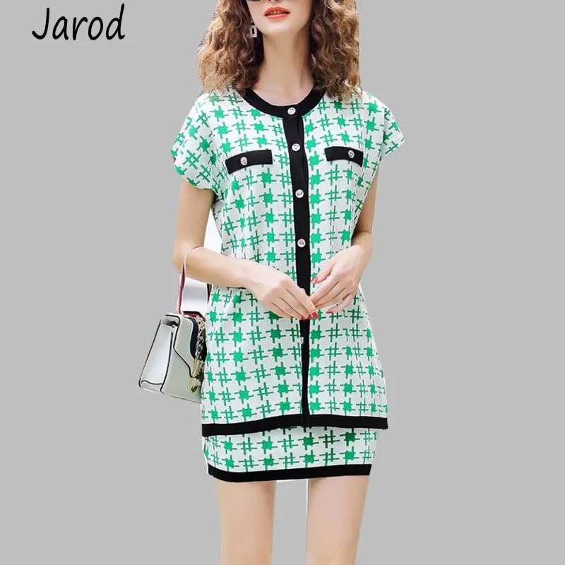 

Women Knit Green plaid single-breasted Sweater Tops+Skirts Suits Short Sleeve Female Woman Knitted Clothing Sets