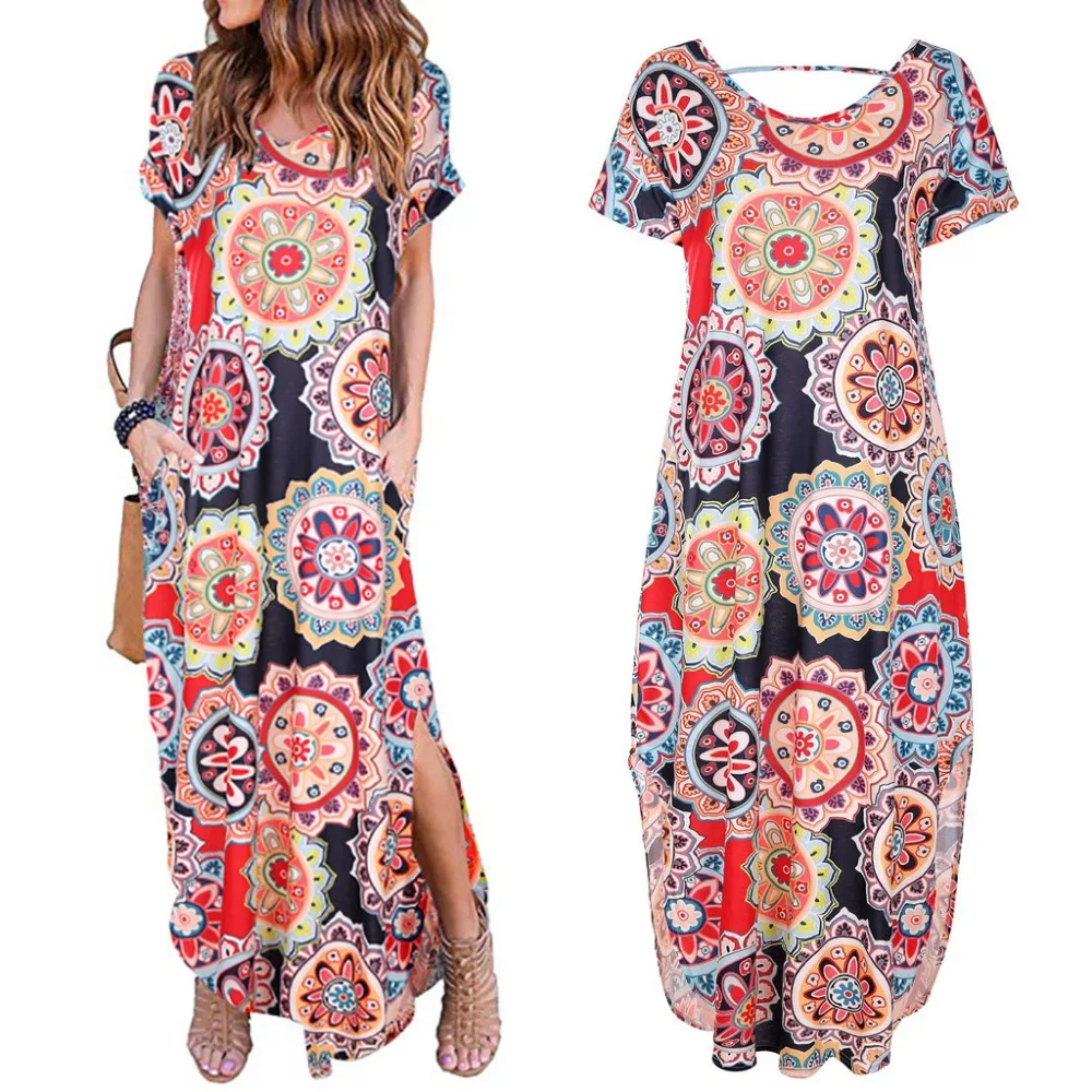 

Women Beach Dresses Women's Sexy Round Neck Floral Print Dress Casual Loose Dress Beach Cover Up