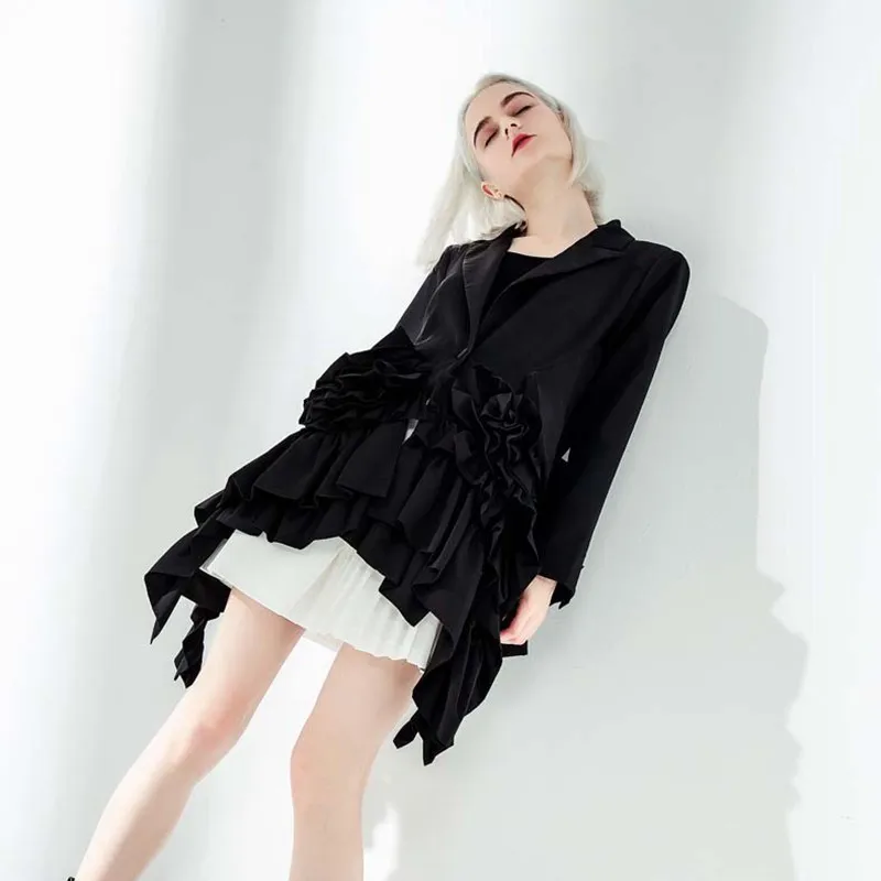 Finest  [EAM] 2020 New Autumn Winter Lapel Long Sleeve Black Ruffles Pleated Stitch Loose Irregular Jacket 