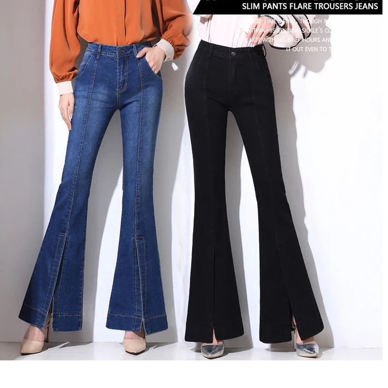 Синий черный винтажный колокольчик джинсы с кроем для женщин плюс размер с высокой талией расклешенные джинсы для женщин длинные широкие