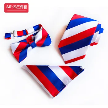 

3 Pcs Fashion Male Formal Ties Set Bowtie Hanky Necktie White Red Blue Striped Gravata Sets