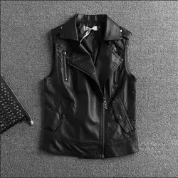 Черный кожаный жилет Для женщин из мягкой искусственной кожи жилет дамы Tatical Кожаные Мотоциклетные карман жилет заклепки Colete талии пальто